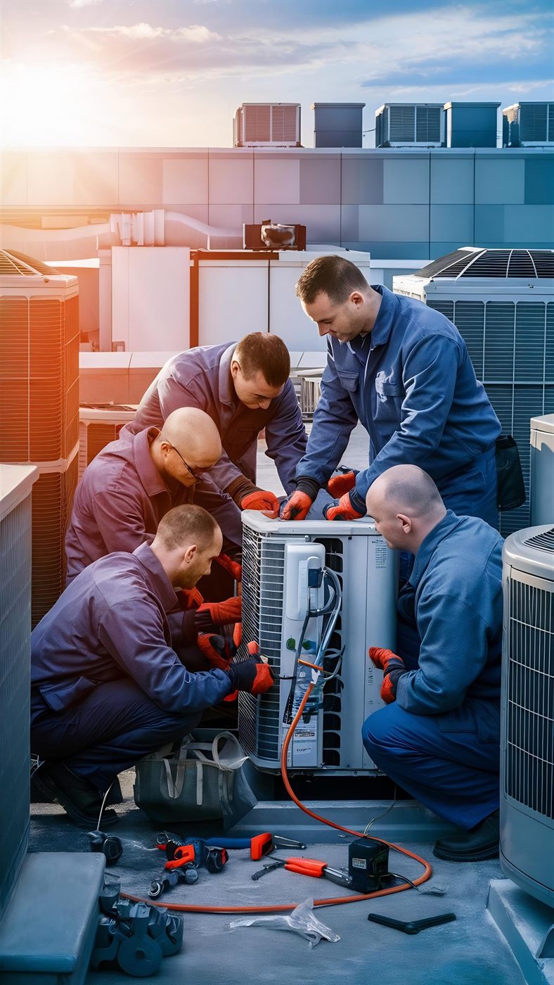 Marjan Aldhyd technicians servicing rooftop air-conditioning condensing units