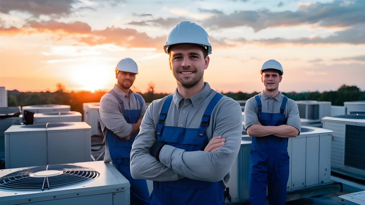 Marjan Aldhyd engineering team on a rooftop plant deck alongside packaged HVAC units