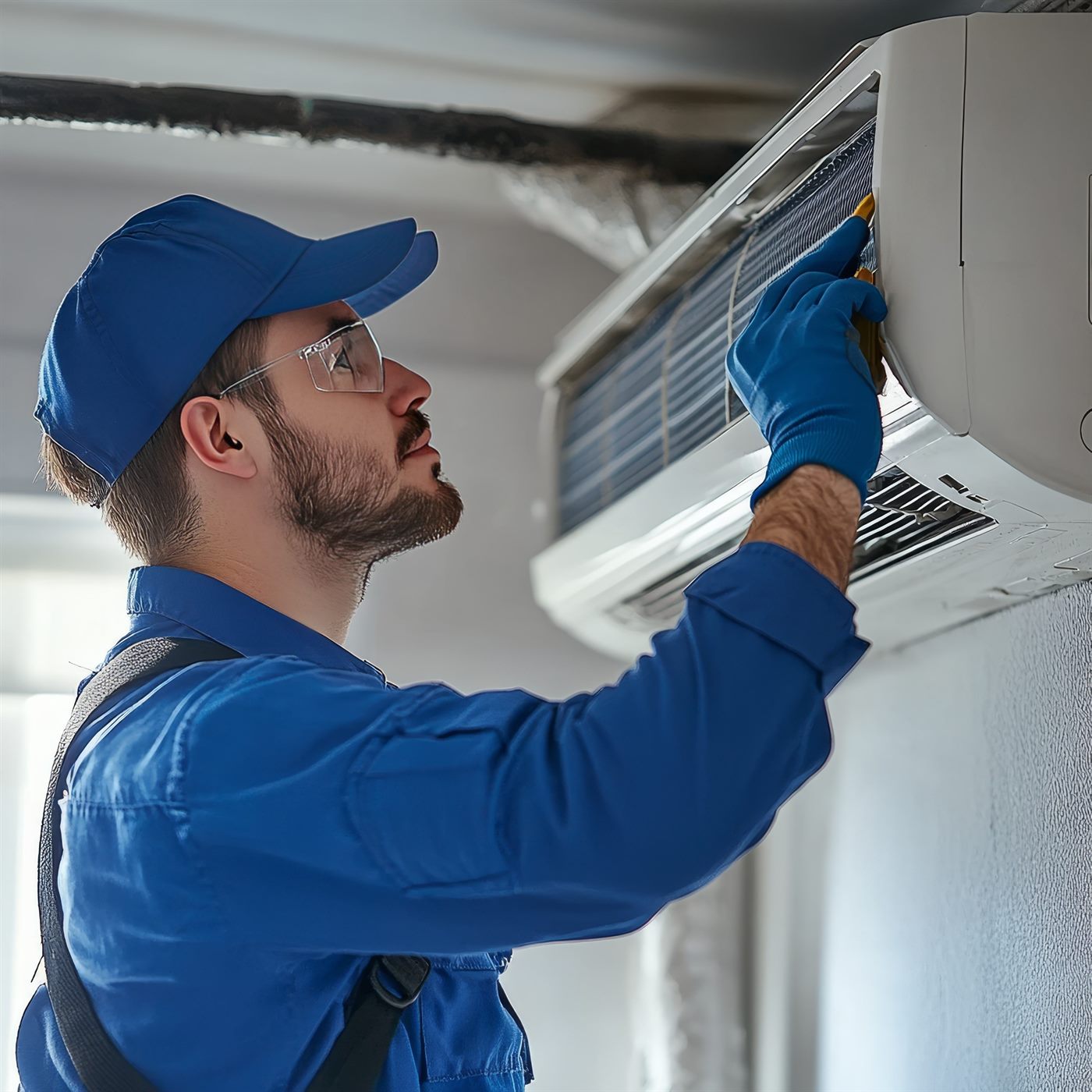 Technician servicing a wall-mounted split air-conditioning indoor unit