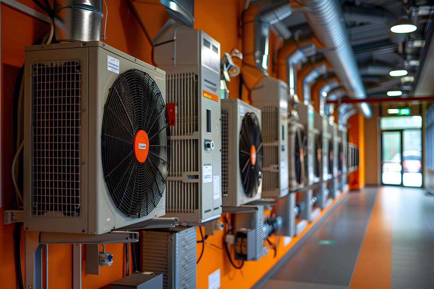 Row of outdoor condensing units serving a commercial building