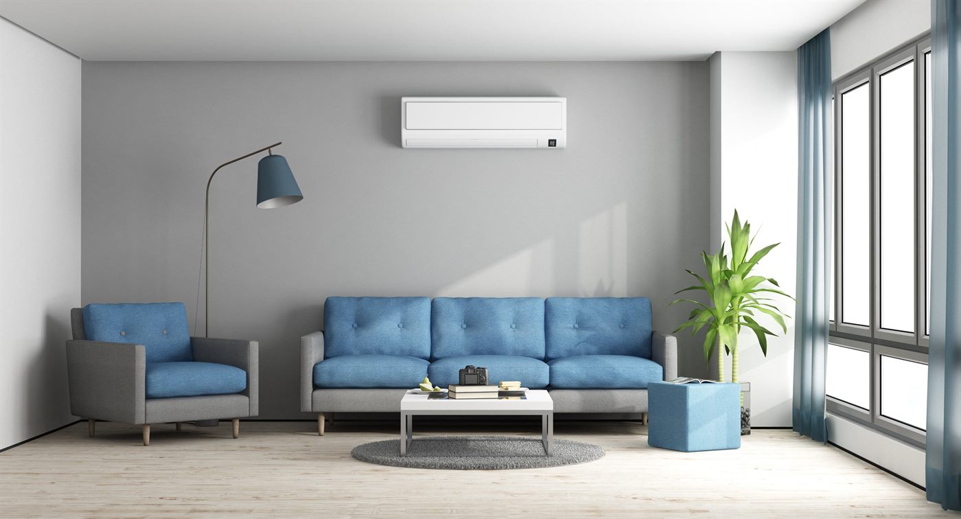 Wall-mounted split air-conditioning unit in a finished residential interior