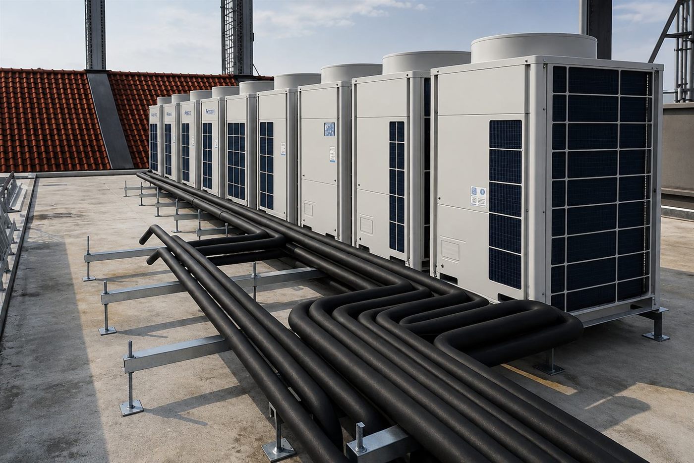 Bank of VRV and VRF outdoor condensing units with refrigerant pipe runs